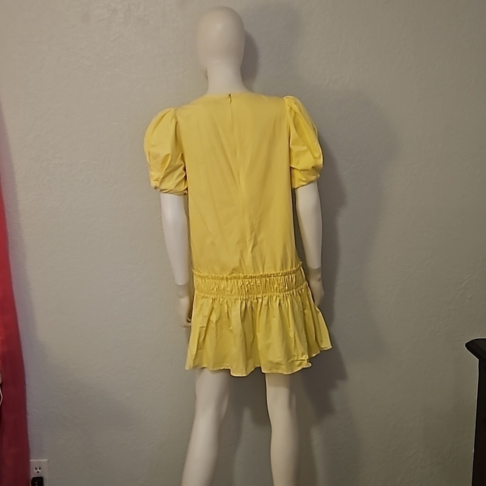 ENGLISH FACTORY Canary Yellow Puff Sleeve Ruffled Drop Waist Mini Dress - Picture 6 of 10